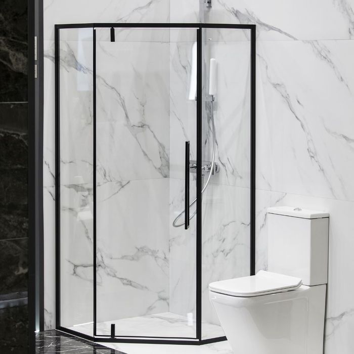 Custom black framed glass shower enclosure