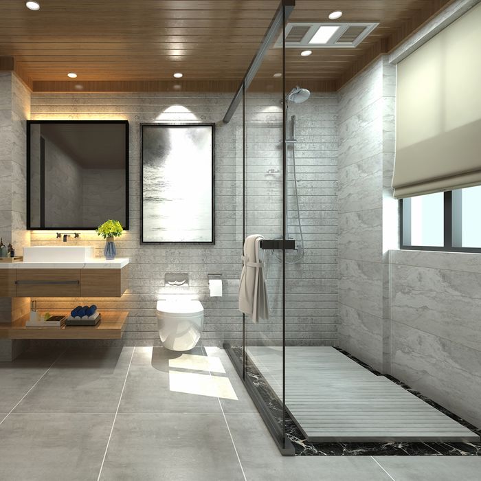 Elongated shower with frameless glass enclosure